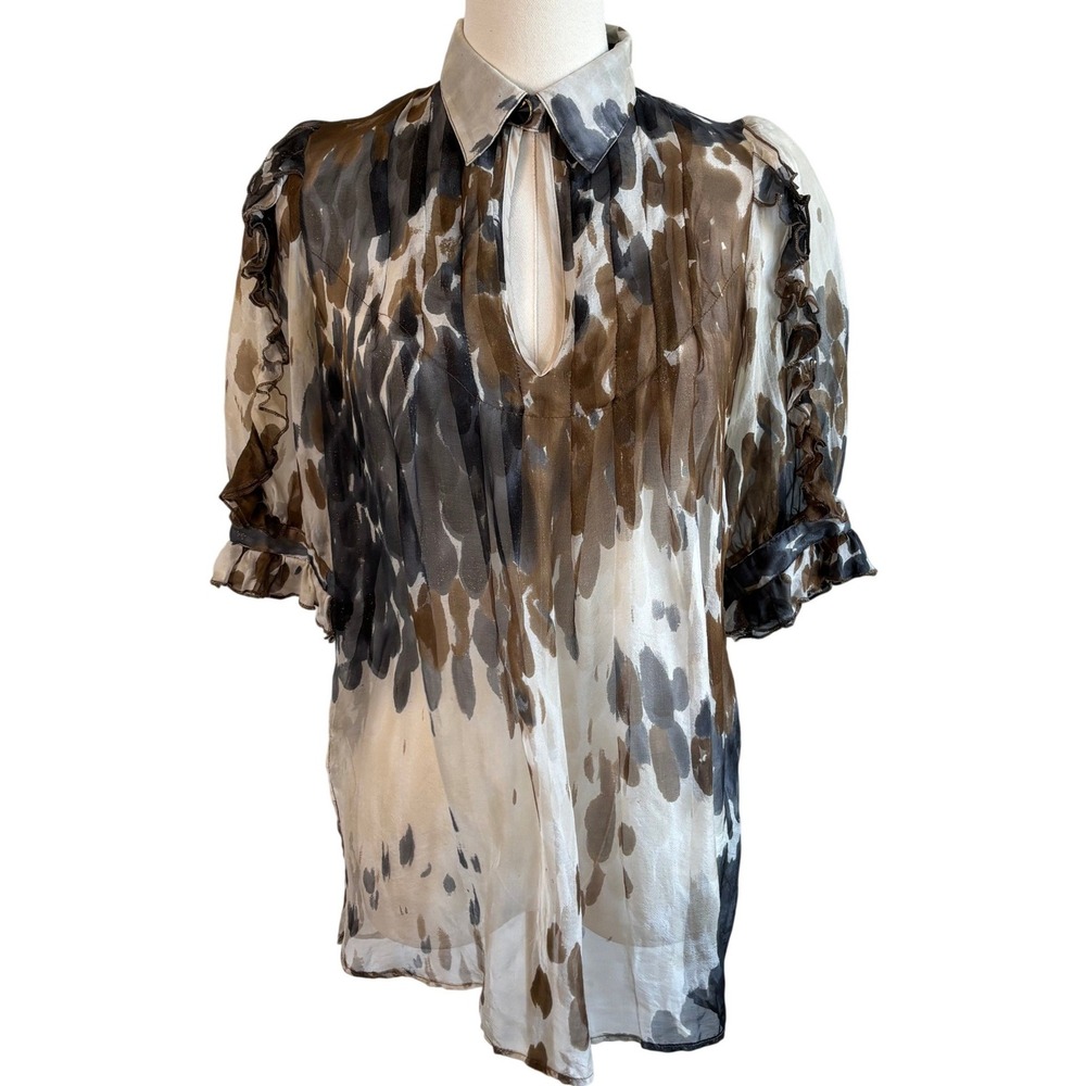 Bizz 100% Silk Abstract Print Blouse Brown Gray Women's Small Ruffle Keyhole